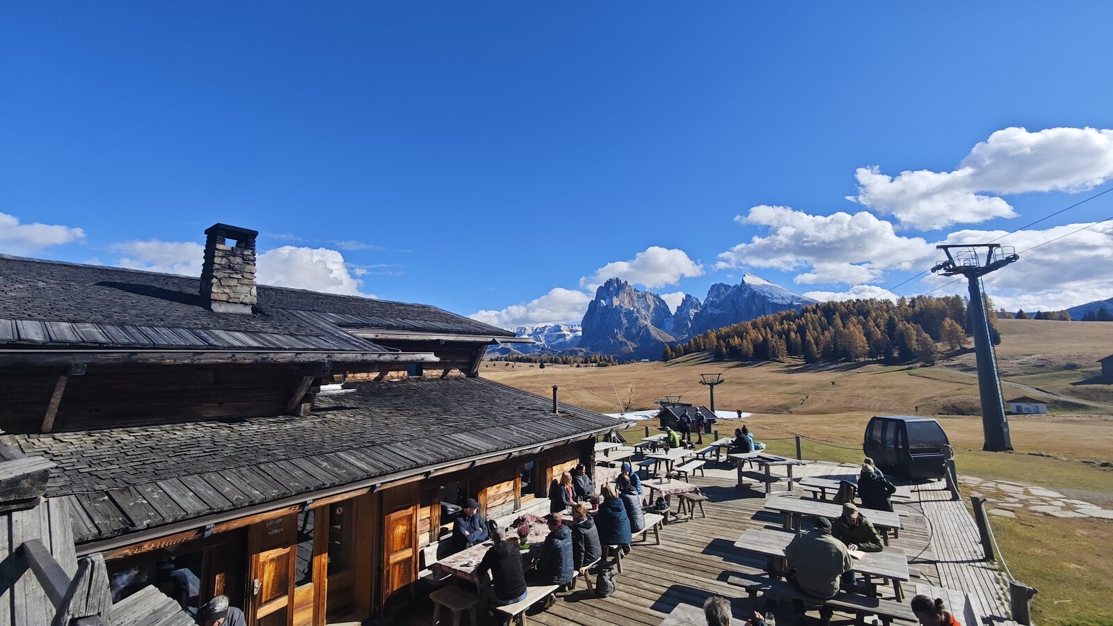 Wertschöpfung auf der Hüttenterrasse: Jeder Euro, den Gäste ausgeben, bleibt als Einkommen in der Region. Seiser Alm (Südtirol), Oktober 2025.